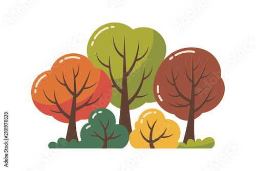 Konstfotografi Cartoon autumn forest scene with various stylized trees in orange, green, yellow
