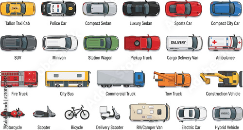 Cuadro en lienzo Top view vehicle set, taxi police car bus pickup truck cargo van sedan SUV collection