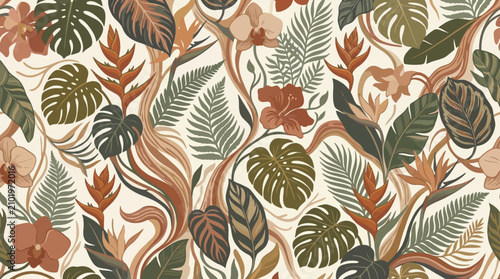 Foto Exotic botanical pattern with tropical leaves and flowers in earthy tones