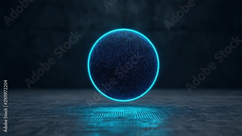 A glowing blue digital sphere floats above a circuit board surface in a dark, futuristic environment.