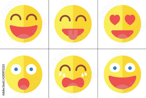 Yellow smiley face emoticons and reaction expressions with emoticon, reaction
