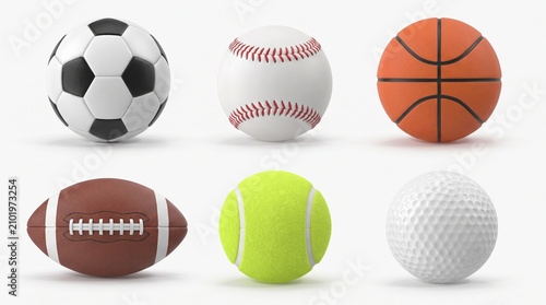 Collection of six realistic sports balls featuring a soccer ball baseball basketball american football tennis ball and a golf ball isolated on a clean white background for athletic design projects.