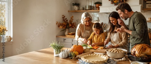 Family preparing thanksgiving dinner in cozy autumn kitchen