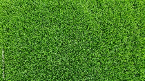 Lush vibrant green grass blades forming a dense natural carpet texture captured from a top down perspective showing healthy vegetation growth in a bright outdoor meadow during a sunny day