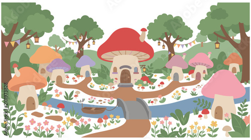 Canvastavla Fairy mushroom village in magic forest with river bridge and flowers