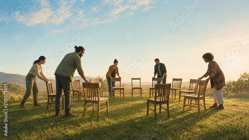 Adults Build An Open Circle Of Chairs Outdoors