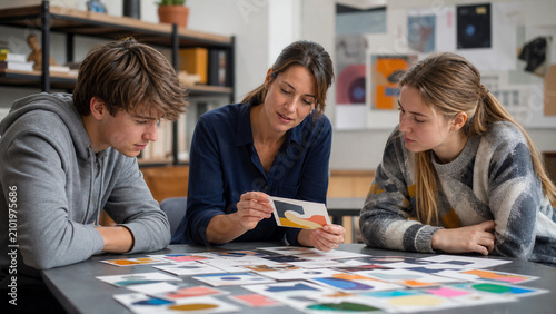 Teacher Reviews Abstract Suggestion Cards With Students