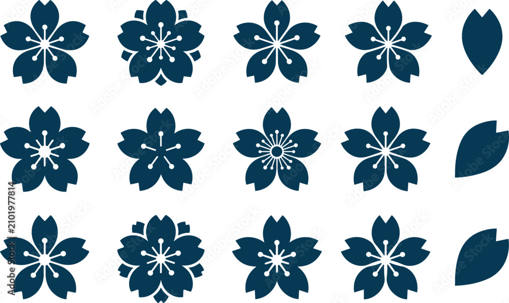 Fototapeta premium Collection of stylized cherry blossom icons and petals in deep blue on a white background for graphic design