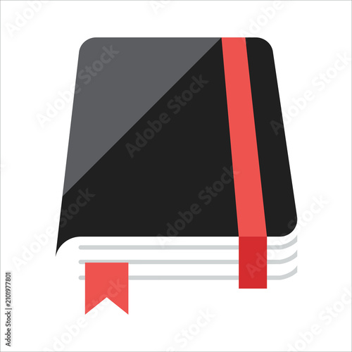 Closed black notebook or planner with red strap and page marker, notebook