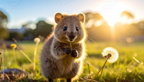 Quokka in a field of dandelions enjoying the sunshine.
