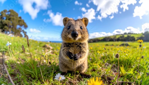 Quokka in a field of wildflowers under a blue sky.