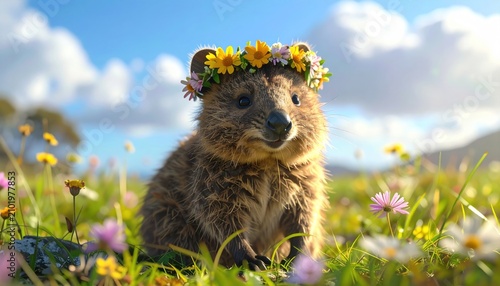 Quokka in a meadow wearing a flower crown on a sunny day.