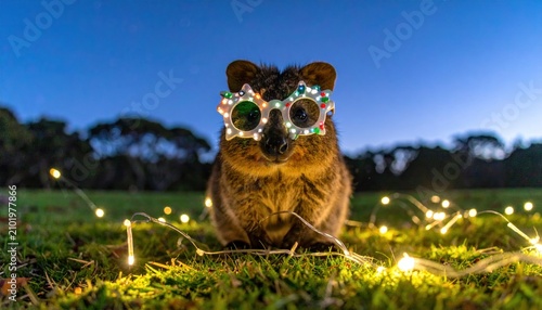 Quokka in festive lights with star-shaped glasses at night.