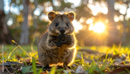 Quokka in Natural Habitat at Sunset - A Smiling Australian Marsupial.