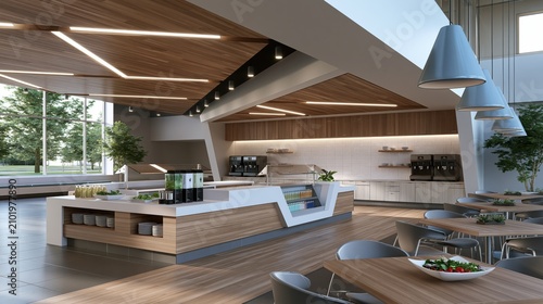 Modern cafeteria interior with natural light and contemporary design elements