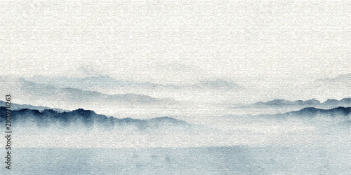 Photos Misty Mountain Serenity ethereal landscape painting depicts layers of mist-shrouded mountains receding into the distance, creating a sense of profound tranquility and timelessness