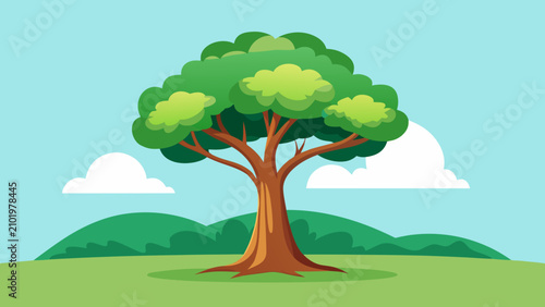 Beautiful flat vector landscape featuring a large green tree in a meadow with fluffy white clouds and rolling hills in the background, vibrant nature scene for environmental projects and web design