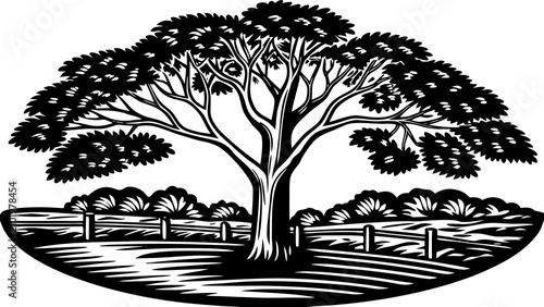 Artistic black and white woodcut illustration of a large tree situated in a rural field with a wooden fence, vintage engraving style graphic for agricultural, nature, and country life design projects