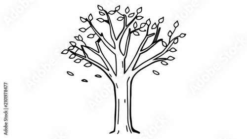 A minimalist black and white vector sketch of a bare tree shedding its leaves, capturing the essence of autumn or winter with a simple line art style, ideal for seasonal graphic design projects.