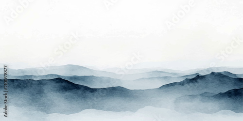 Cuadro en lienzo Misty Mountain Serenity ethereal mountain range shrouded in soft mist, creating a serene and tranquil landscape bathed in a pale, atmospheric light