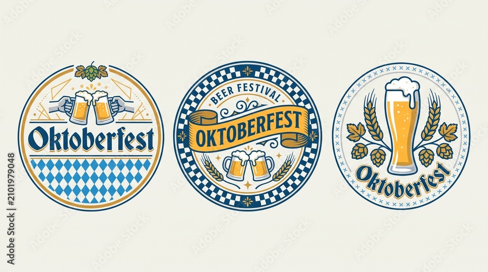 Fototapeta premium Oktoberfest logo or label set. Beer fest round badges with mug icons. German, Bavarian October festival design elements. Vector illustration.