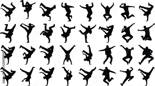 Bild auf Leinwand Big collection of breakdancer silhouettes featuring urban street dancers perform