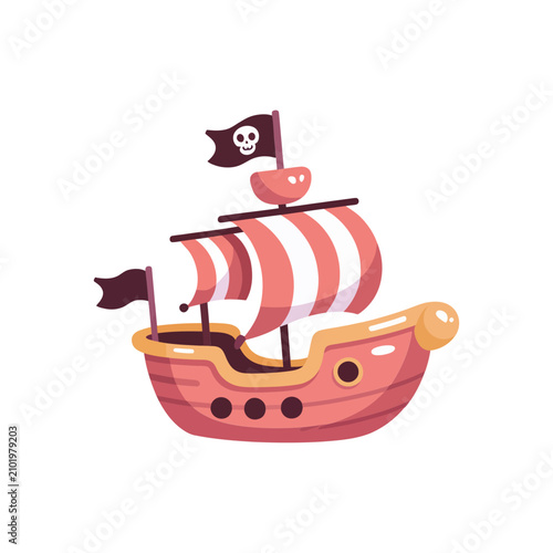Cartoon pirate ship with jolly roger skull and crossbones flag for childrens storybook isolated on a plain white background
