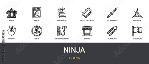 Fotografija Set of 12 outline web Ninja icons such as japan flag, nunchaku, shrine, grapplin