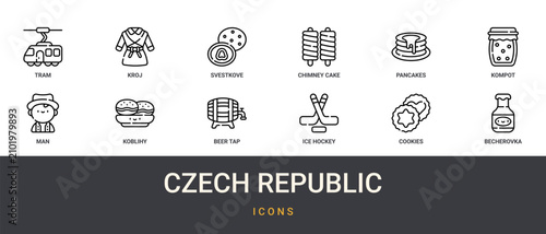 Photography Set of 12 outline web Czech Republic icons such as becherovka, cookies, ice hock