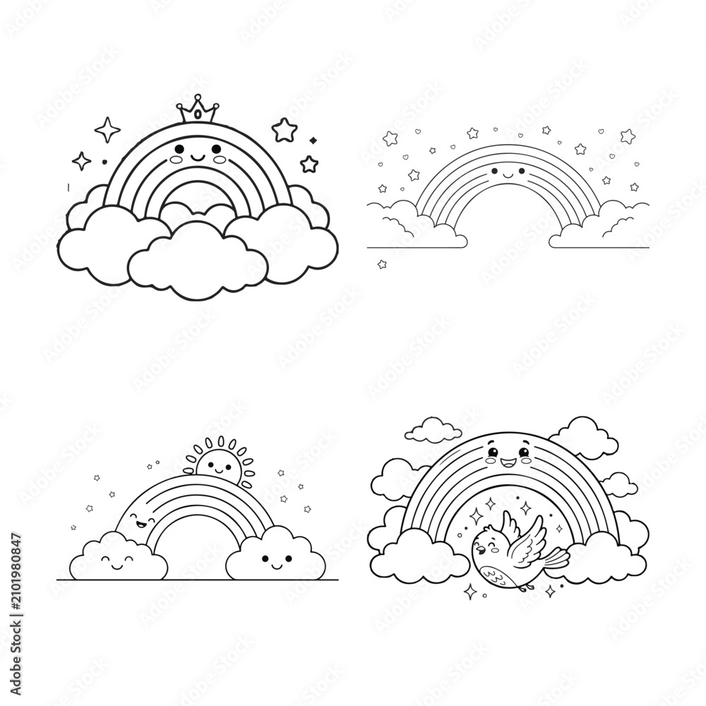 Fototapeta premium Cute kawaii rainbow coloring page set for kids featuring a royal crown, starry sky, happy sun, and a cheerful bird