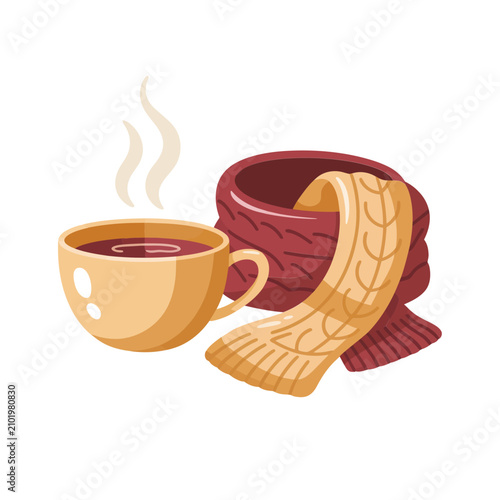 Warm cup of coffee or tea with steam and a folded red knitted scarf for autumn and winter seasonal comfort concept