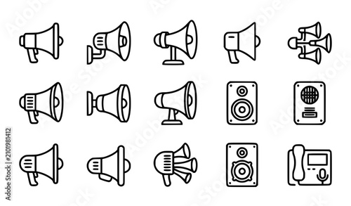 Canvastavla Sound Megaphone and Audio Speaker Line Icon Set with Public Announcement Horns,