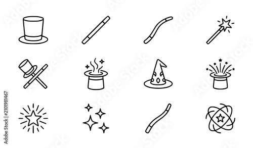 Foto Magic Show and Wizard Line Icon Set with Magician Top Hats, Sparkle Wands, Point