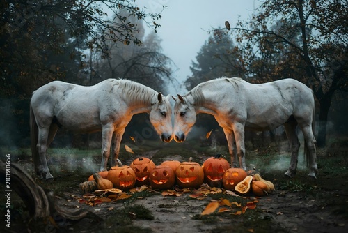 Halloween horses two white horses grazing amongst illuminated jack o' lanterns in a misty forest