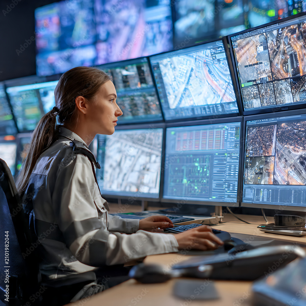 Fototapeta premium Female Security Operator Monitoring City Traffic and Surveillance Cameras in Control Room
