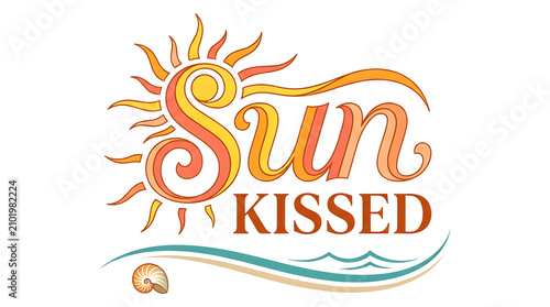 Sun Kissed Elegant Summer Typography with Sunshine Beach Wave and Seashell Illustration Isolated on Transparent Background