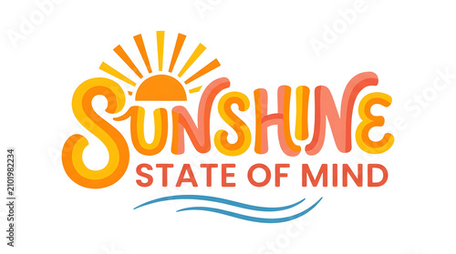 Sunshine State of Mind Positive Summer Typography with Bright Sun and Ocean Wave Isolated on Transparent Background