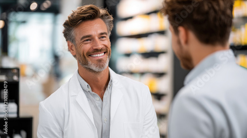 Smiling male pharmacist wearing white lab coat, engaging in conversation with a customer in a modern retail pharmacy, providing professional healthcare advice and assistance