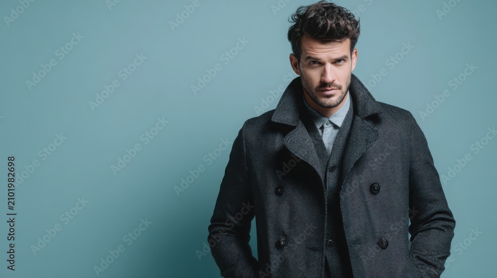 Fototapeta premium Portrait of a confident man wearing a premium graphite raincoat with classic vintage tailoring, pale blue background, modern urban autumn fashion
