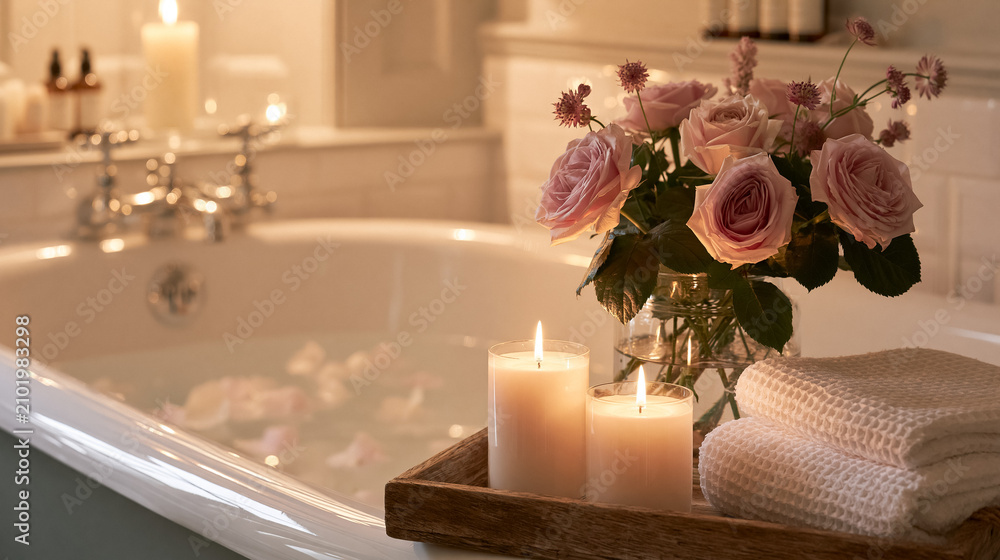 Obraz premium Bathtub filled with water and rose petals, lit candles creating a serene atmosphere for a relaxing spa at home