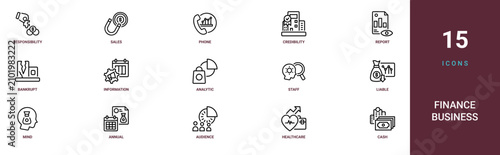 Photography Set of 15 outline web Finance Business icons such as cash, healthcare, audience,