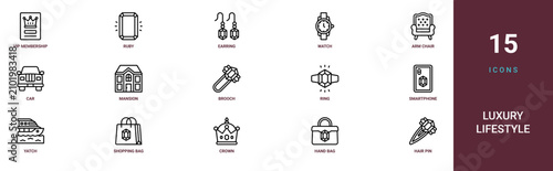 Set of 15 outline web Luxury Lifestyle icons such as hair pin, hand bag, crown, shopping bag, yatch, smartphone case, ring vector icons for report, presentation, diagram, web design, mobile app