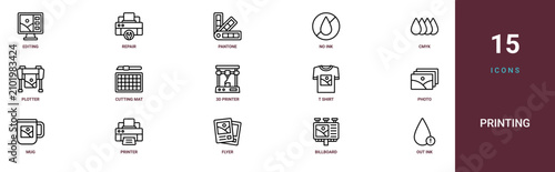 Set of 15 outline web Printing icons such as out of ink, billboard, flyer, printer, mug, photo, t shirt vector icons for report, presentation, diagram, web design, mobile app