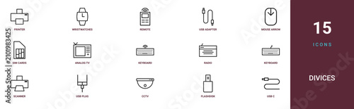 Set of 15 outline web Divices icons such as usb c, flashdisk, cctv, usb plug, scanner, keyboard, radio vector icons for report, presentation, diagram, web design, mobile app