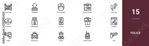 Set of 15 outline web Police icons such as gun, walkie talkie, police, police call, taser, evidence, uniform vector icons for report, presentation, diagram, web design, mobile app