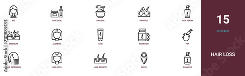 Set of 15 outline web Hair Loss icons such as shampoo, patch, hair growth, hair loss, hair extension, prp, nutrition vector icons for report, presentation, diagram, web design, mobile app