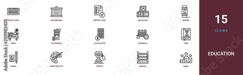 Set of 15 outline web Education icons such as rank, abacus, trophy, paint palette, pencil sharpener, time, schedule vector icons for report, presentation, diagram, web design, mobile app