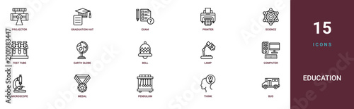 Set of 15 outline web Education icons such as bus, think, pendulum, medal, microscope, computer, lamp vector icons for report, presentation, diagram, web design, mobile app