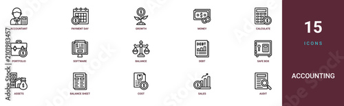 Set of 15 outline web Accounting icons such as audit, sales, cost, balance sheet, assets, safe box, debt vector icons for report, presentation, diagram, web design, mobile app