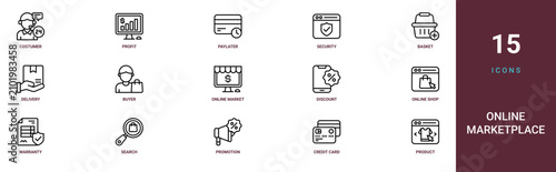 Set of 15 outline web Online Marketplace icons such as product, credit card, promotion, search, warranty, online shop, discount vector icons for report, presentation, diagram, web design, mobile app